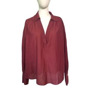 Madewell XL Popover Blouse Red Cotton Blend Lightweight Long Sleeve NWT